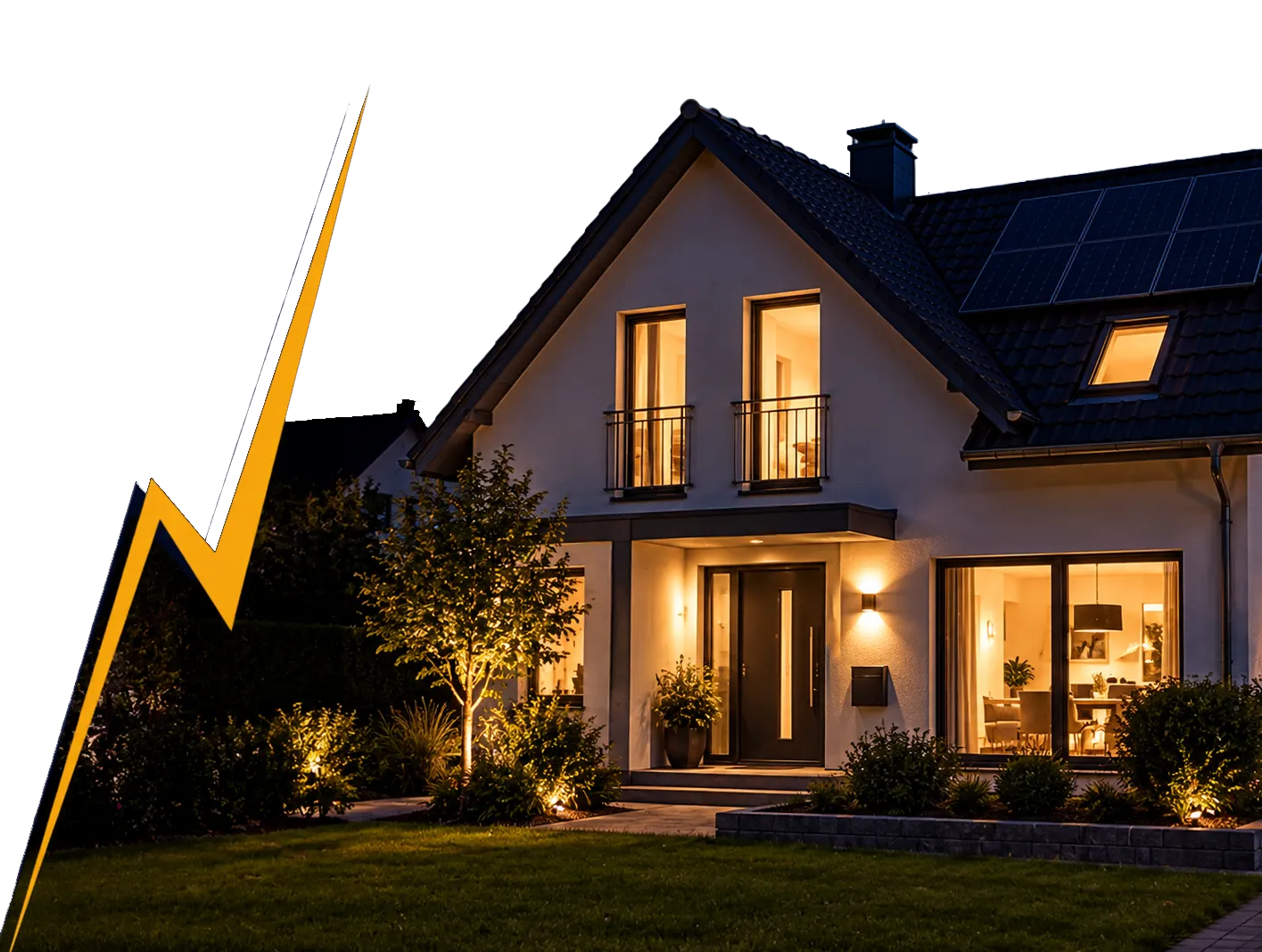 Einfamilienhaus bei Nacht mit gelbem Blitzsymbol