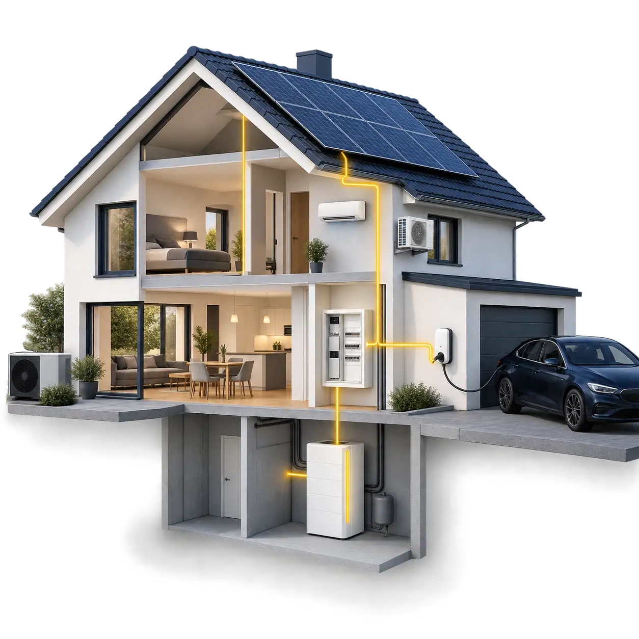 Gebäude mit Photovoltaik, Speicher, Ladepunkt, Klimaanlage und Wärmepumpe als ein System