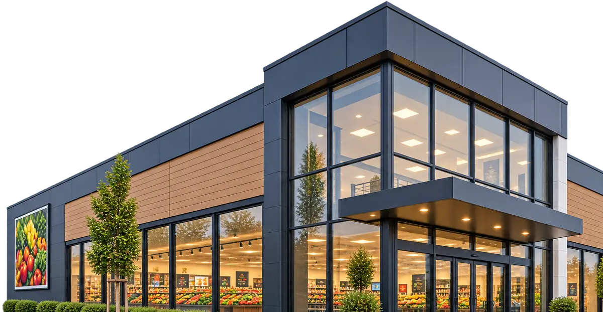 Beleuchtete Fassade eines Supermarkts am Abend